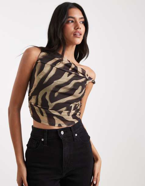 New Look zebra fallen shoulder top in brown - view 1