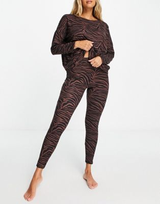 New Look zebra print pyjama top and legging set in brown