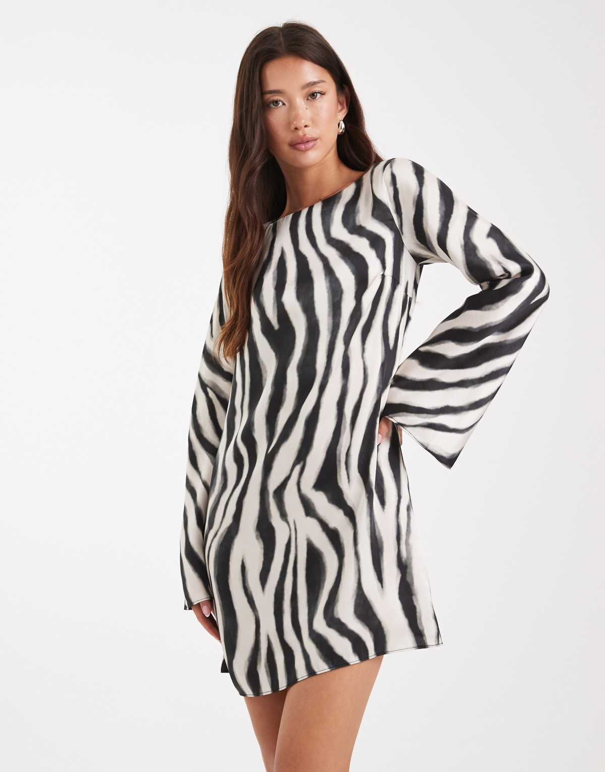 New Look zebra print satin mini dress in black