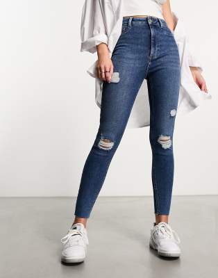 New Look - Zerrissene Jeans mit geradem Schnitt in Dunkelblau