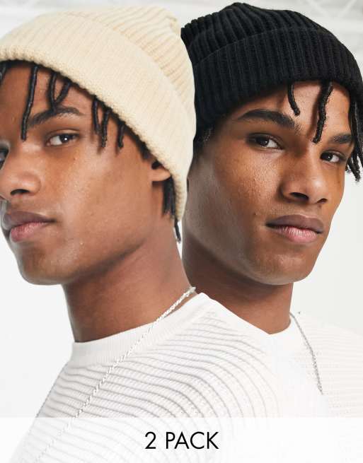 New Look – Zestaw 2 czapek beanie z dzianiny o splocie angielskim w kolorach czarnym i beżowym