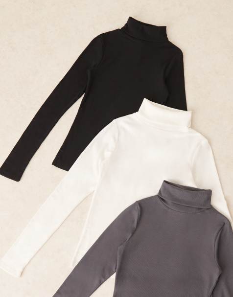 New Look ribbed roll neck multipack in grey, black and cream
