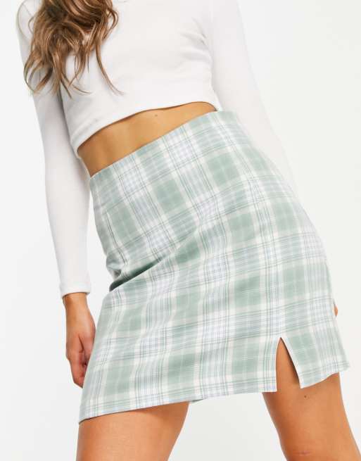 New Look – Zielona trapezowa spódniczka mini w kratę, z rozcięciem z boku