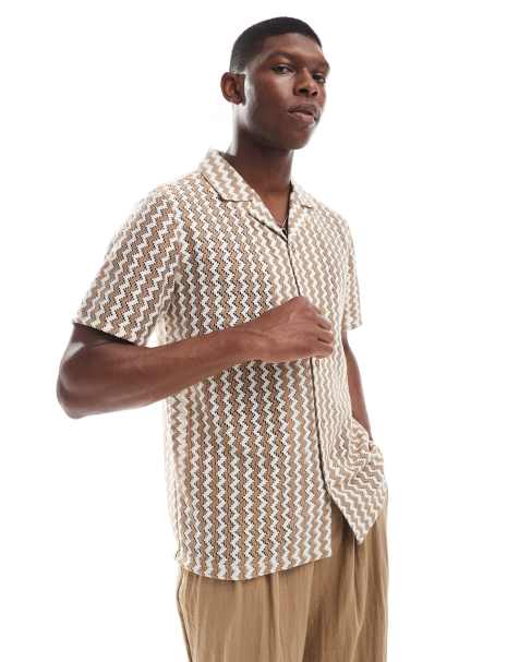 New Look zig zag revere crochet shirt in light brown