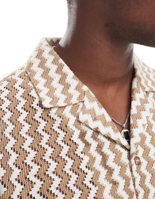 New Look zig zag revere crochet shirt in light brown, 2 of 4