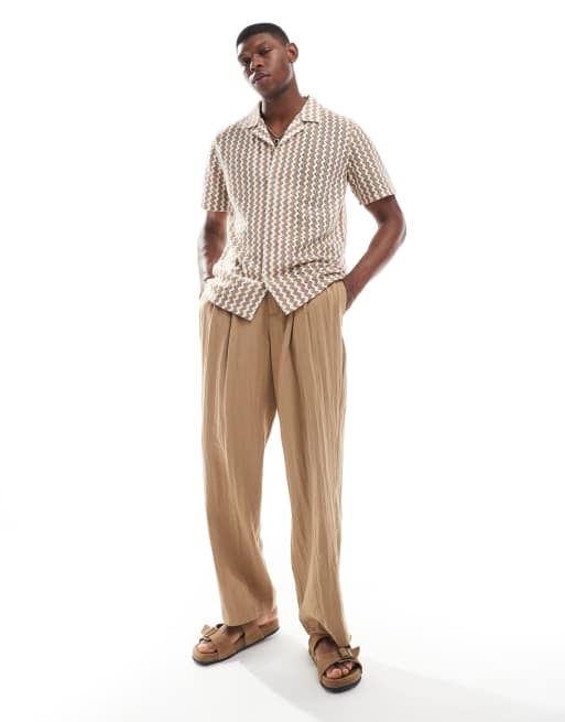 New Look zig zag revere crochet shirt in light brown, 3 of 4