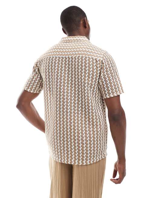 New Look zig zag revere crochet shirt in light brown, 4 of 4
