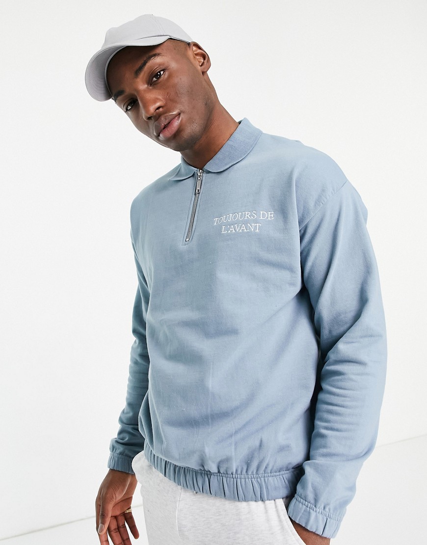 New Look zip collar sweatshirt with embroidery in blue-Blues