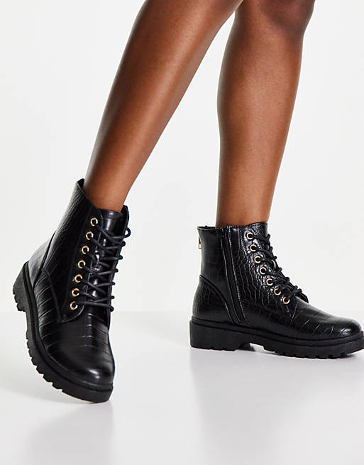 New Look flat zip detail lace up boot in black croc