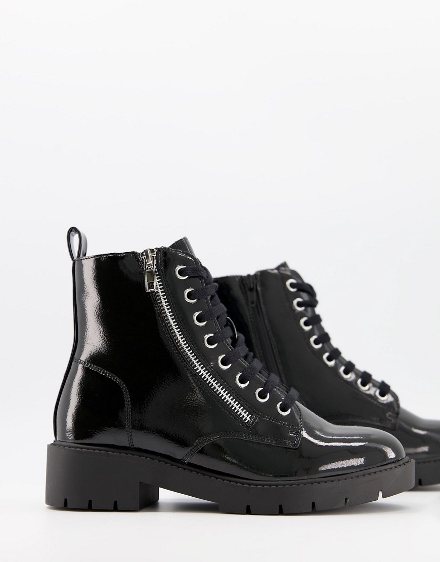 New Look zip detail lace up patent ankle boot in black