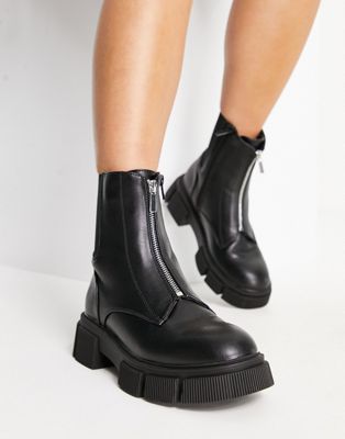 New Look zip front flat chunky chelsea boot in black