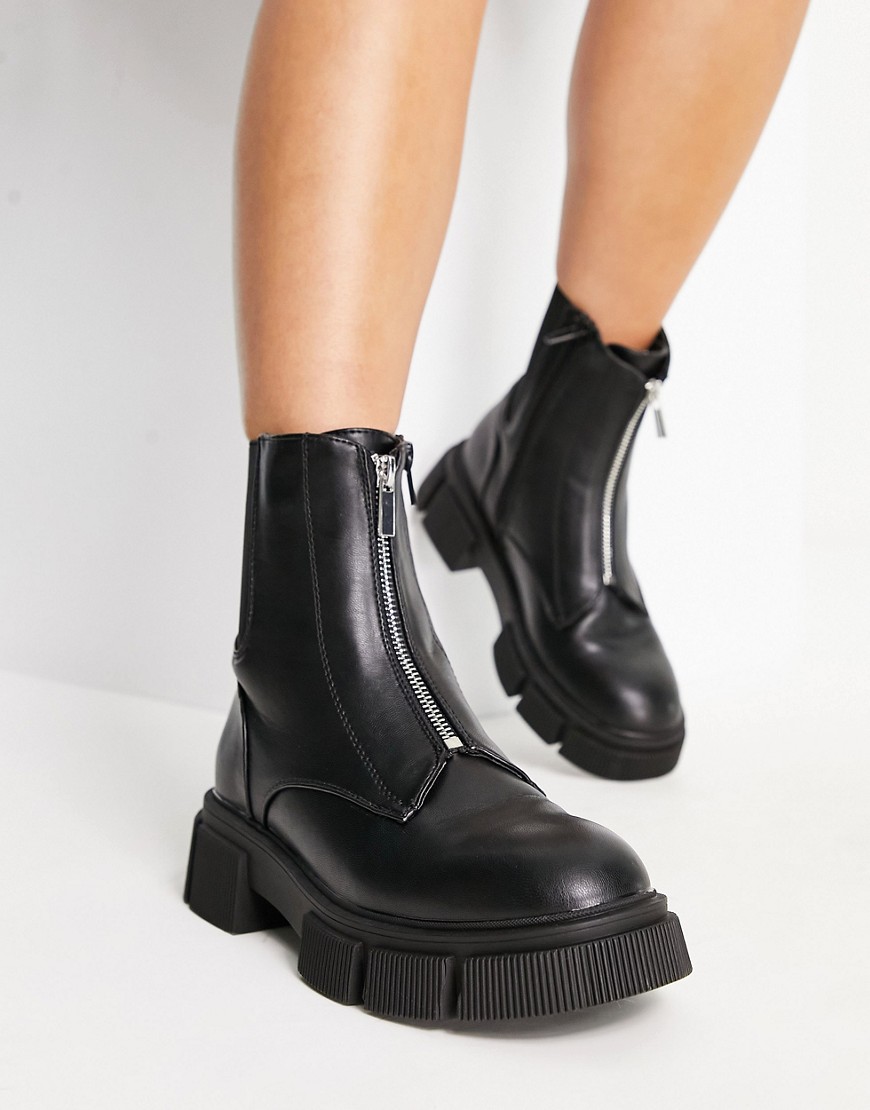Shop New Look Zip Front Flat Chunky Chelsea Boot In Black