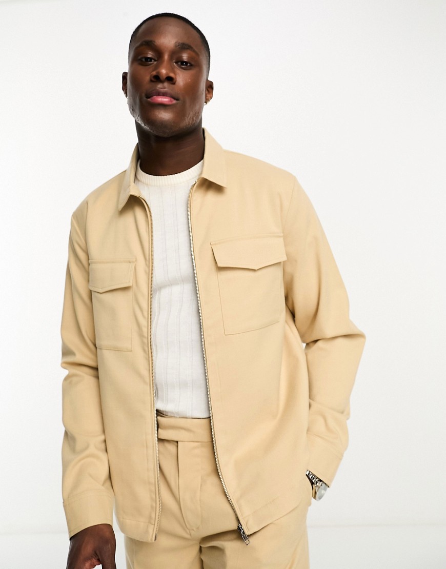 New Look zip front smart jacket in stone-Neutral