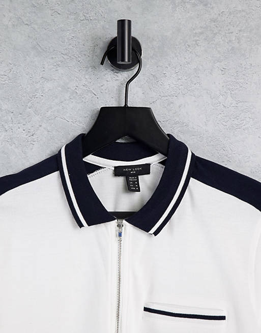  New Look zip neck polo in white 