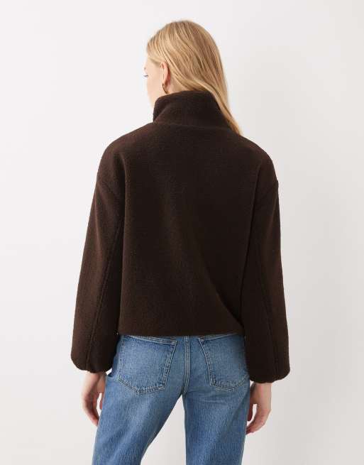 New Look zip through borg bomber jacket in dark brown, 3 of 4