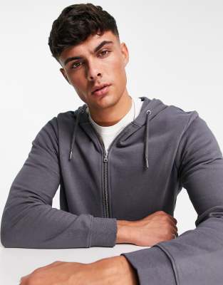 New Look Zip Through Hoodie In Dark Gray ModeSens