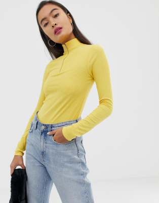 New Look zip up high neck top in yellow 