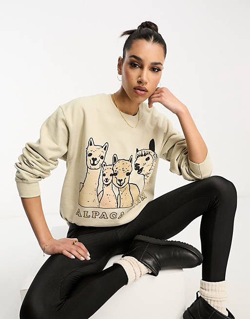 New Love Club alpaca farm graphic sweatshirt in beige | ASOS