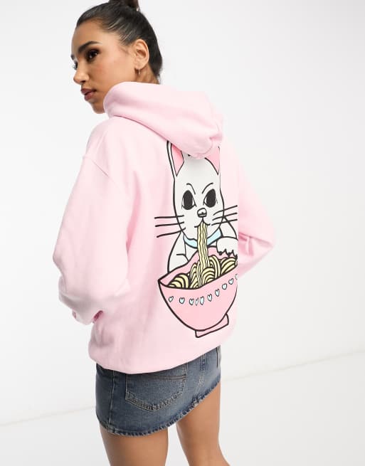 New Love Club cat noodles graphic hoodie in light pink