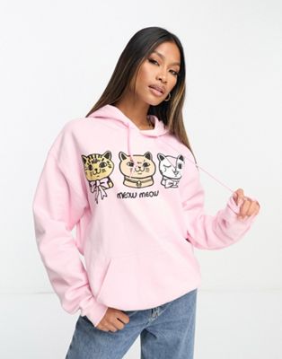 New Love Club cropped cat graphic hoodie in pink