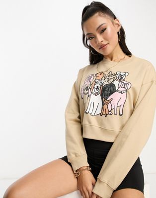 New Love Club cropped sweater with dog print in tan