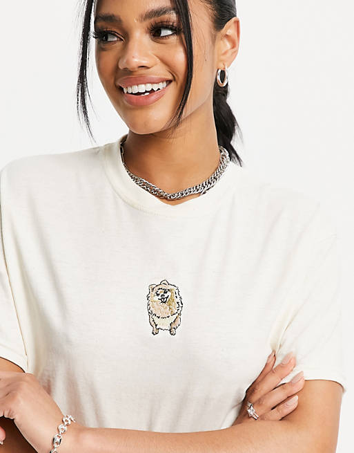 New Love Club oversized t-shirt with embroidered fluffy dog in beige