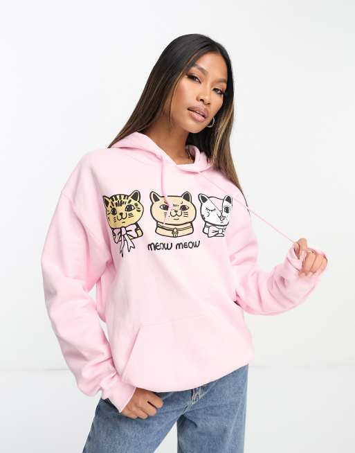 New Love Club – Kapuzenpullover in Rosa mit kurzem Schnitt und Katzen-Grafikprint