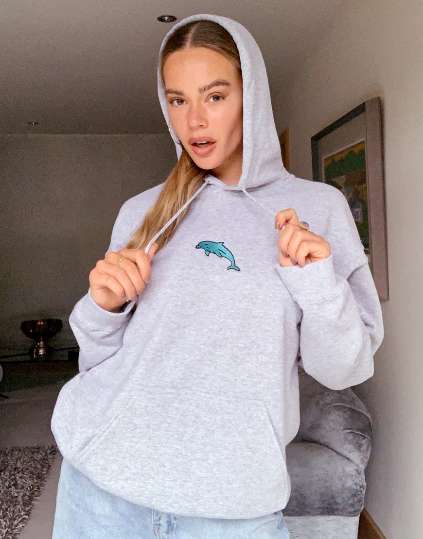 New Love Club oversized hoodie with embroidered dolphin in gray-Grey