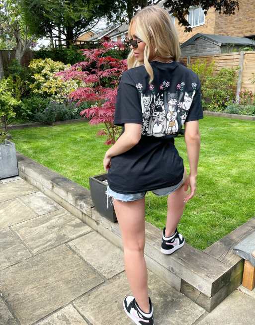 New Love Club - Oversized T-shirt met kattenprint op de achterkant in zwart