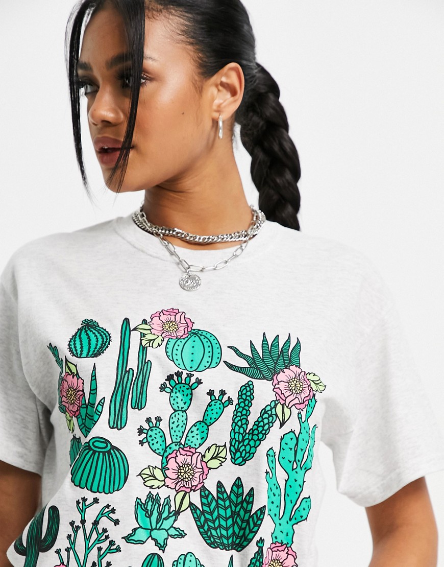 New Love Club Oversized T-shirt With Cactus Graphic In Gray-grey