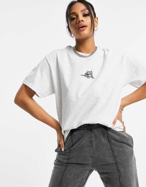 New Love Club oversized t-shirt with embroidered kitten in grey