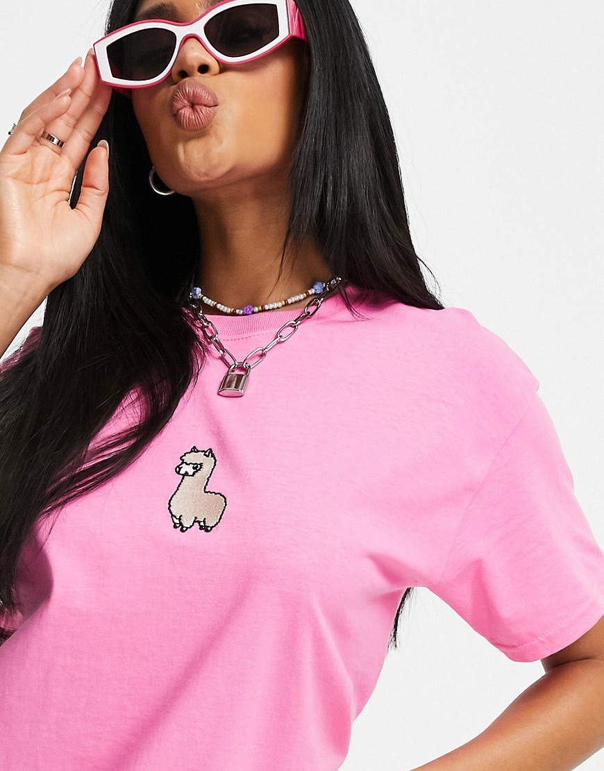 New Love Club Oversized T-shirt With Embroidered Llama In Pink