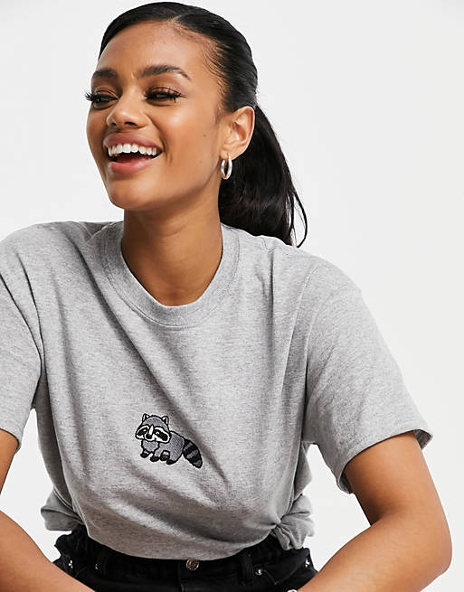 New Love Club oversized t-shirt with embroidered raccoon in grey