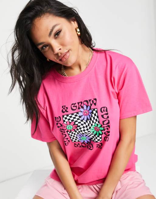 New Love Club oversized t-shirt with flower graphic in pink