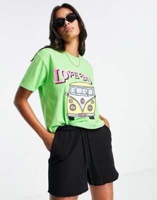 New Love Club oversized t-shirt with love bus graphic in lime green