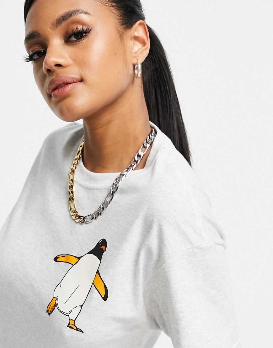 New Love Club Oversized T-shirt With Penguin Graphic Print In Gray-grey