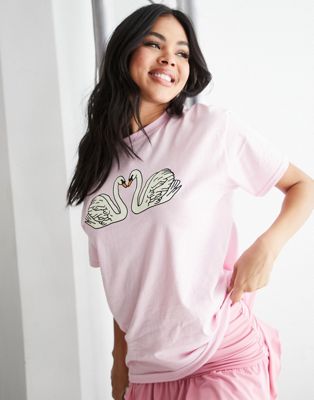 New Love Club oversized t-shirt with swan print in pink