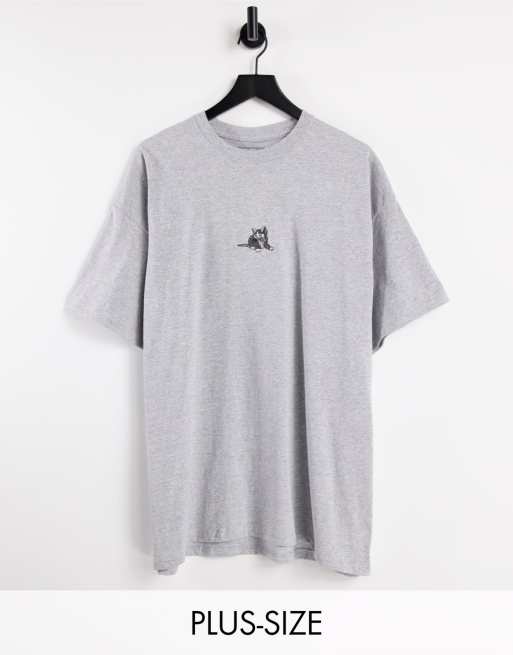 New Love Club Plus oversized t-shirt with embroidered kitten in grey