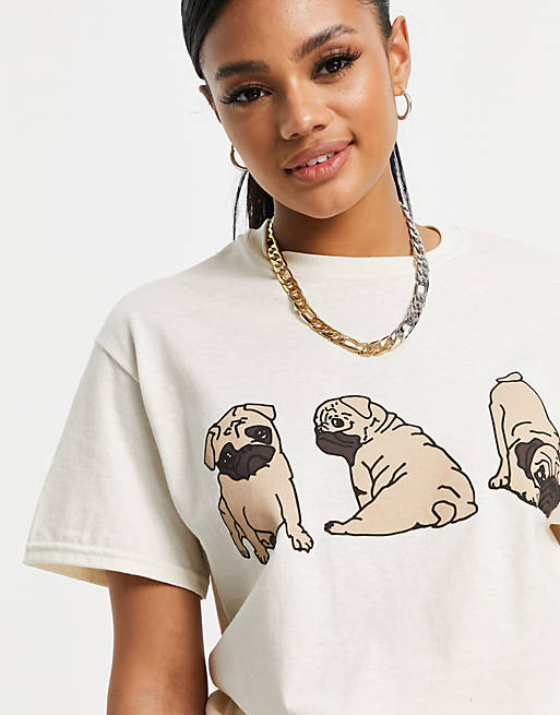 New Love Club oversized t-shirt with pug print in beige