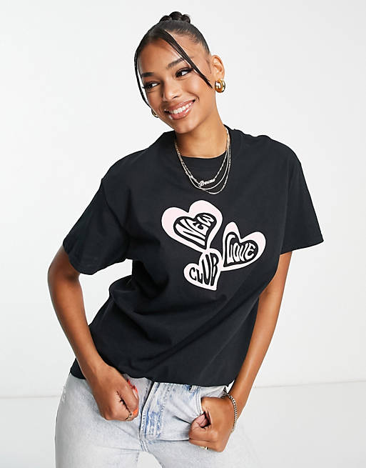 New Love Club – Svart t-shirt i oversize med hjärttryck