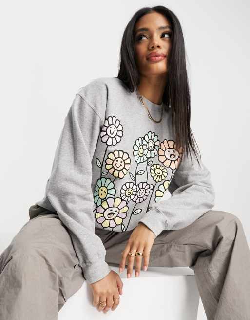 New Love Club - Sweatshirt met grafische bloemenprint in grijs
