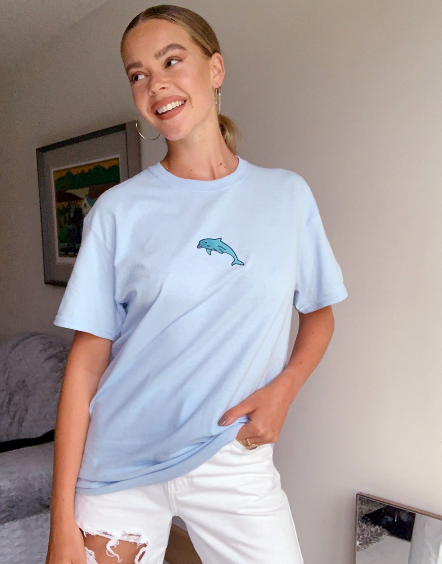 New Love Club – T-shirt med delfinbroderi-Blå