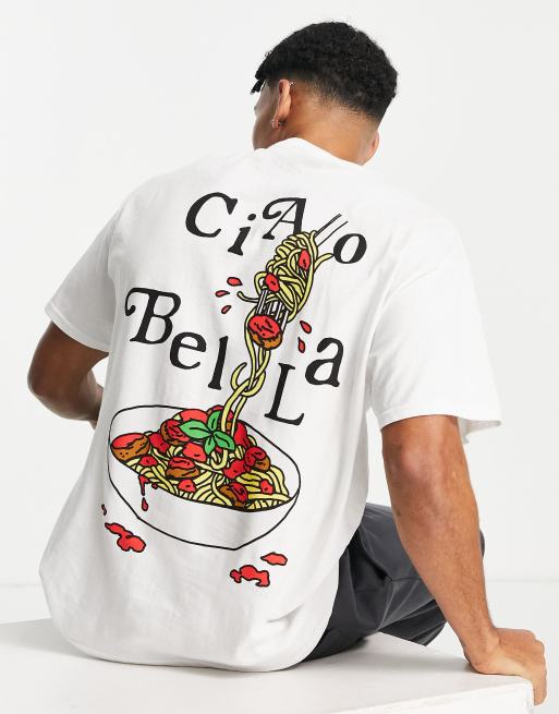 New Love Club - T-shirt oversize con stampa con spaghetti sul retro, colore bianco