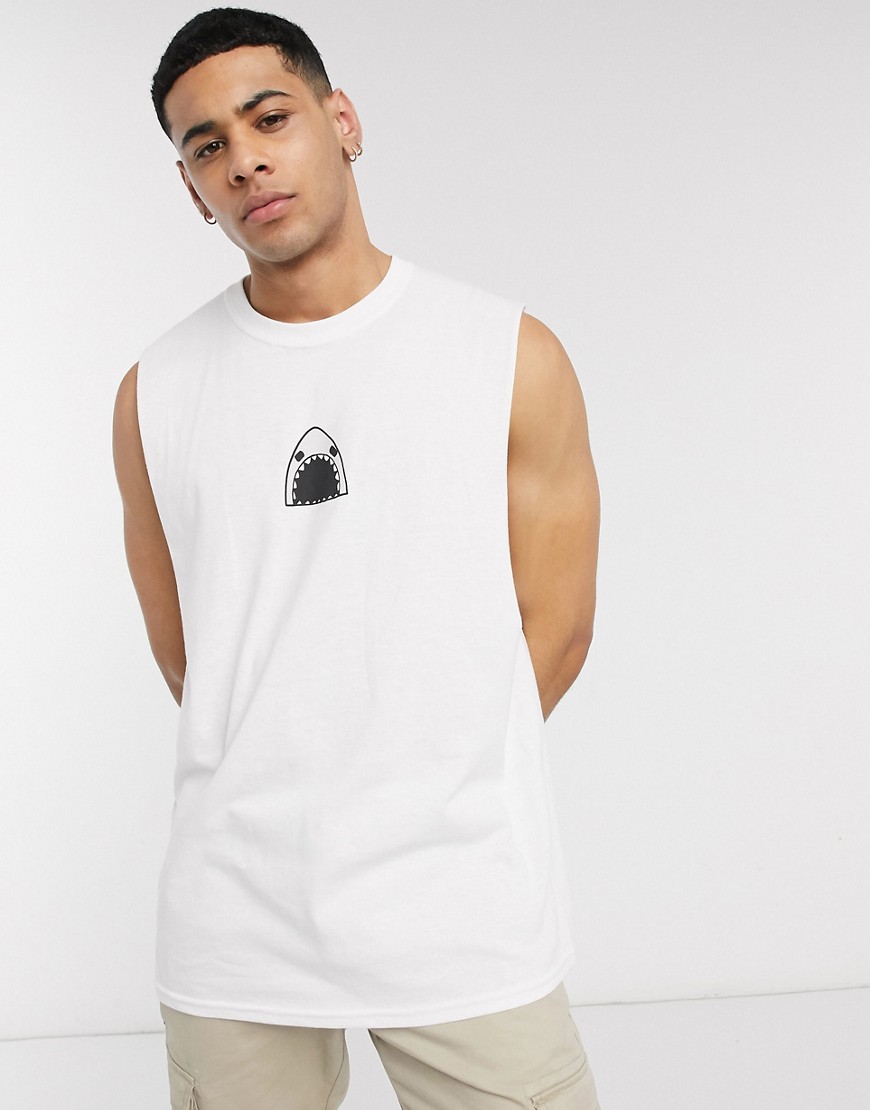New Love Club - T-shirt oversize senza maniche con stampa di squalo-Bianco