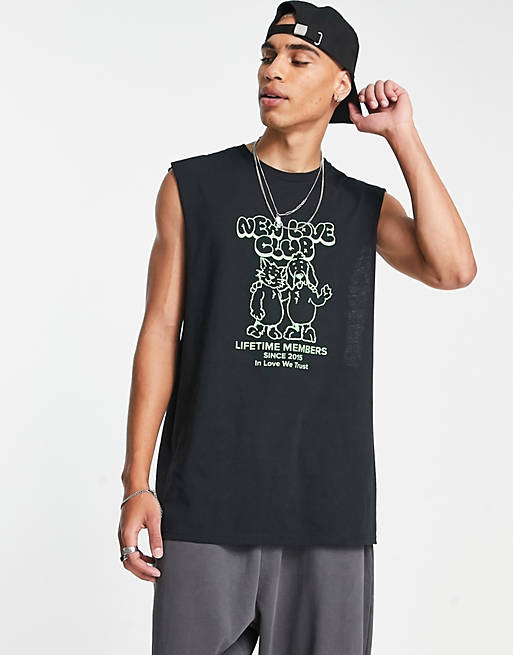 T-shirt nera senza maniche lunga con stampa sul retro Asos Uomo Abbigliamento Top e t-shirt T-shirt T-shirt senza maniche 