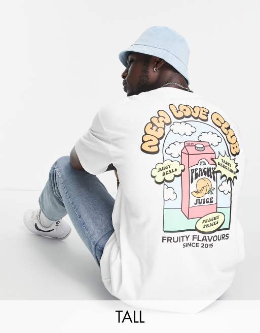 New Love Club Tall – Oversize-T-Shirt in Weiß mit Saftkarton-Print auf dem Rücken