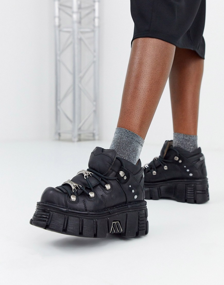New Rock - Sneakers stringate in pelle con suola spessa nere-Nero