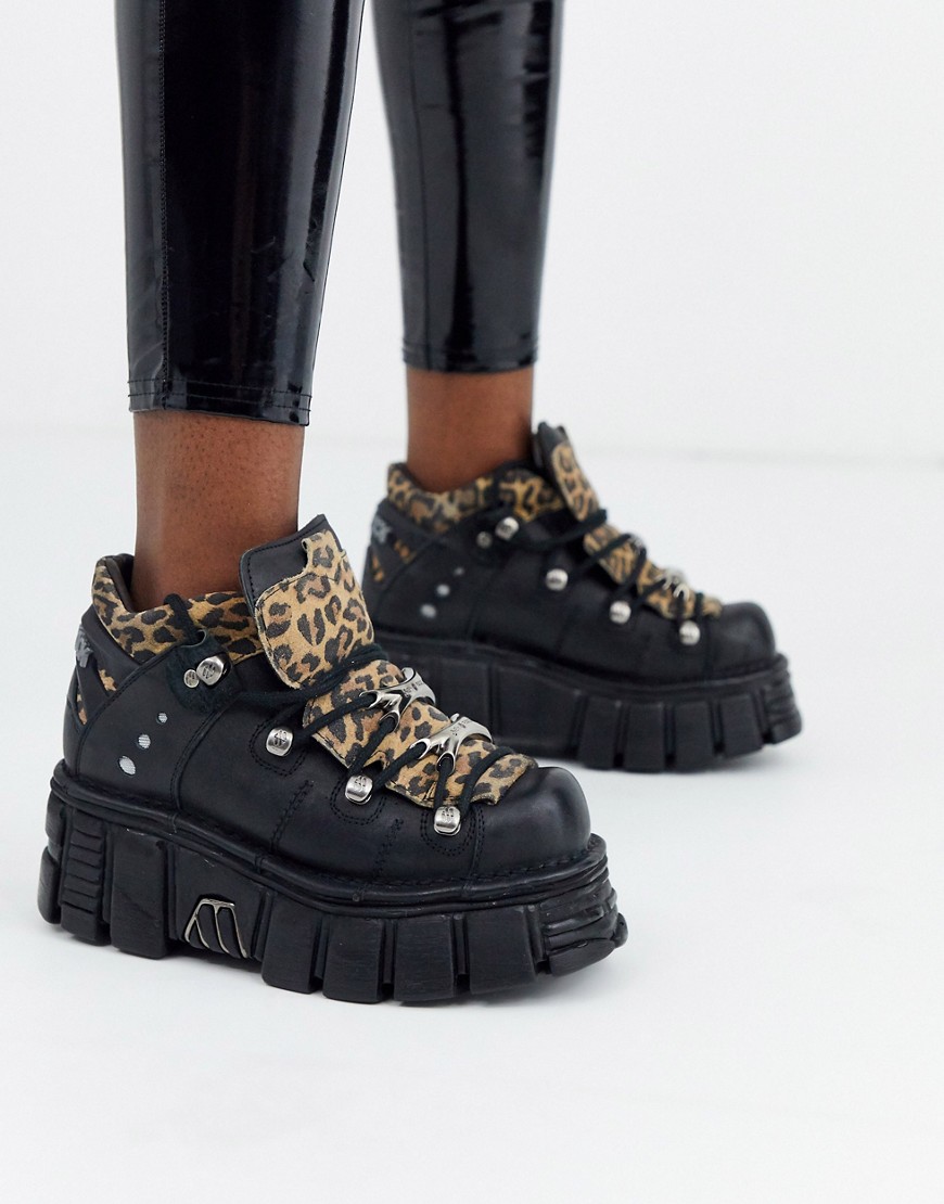 New Rock - Sneakers stringate in pelle leopardata con suola spessa-Multicolore