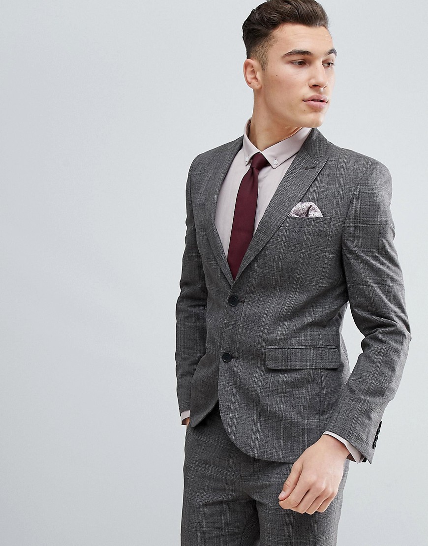 Next Skinny Suit Jacket In Natural Check-Stone