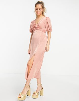 Нежно-розовое бархатное платье миди с перекрученной отделкой Miss Selfridge-Розовый цвет